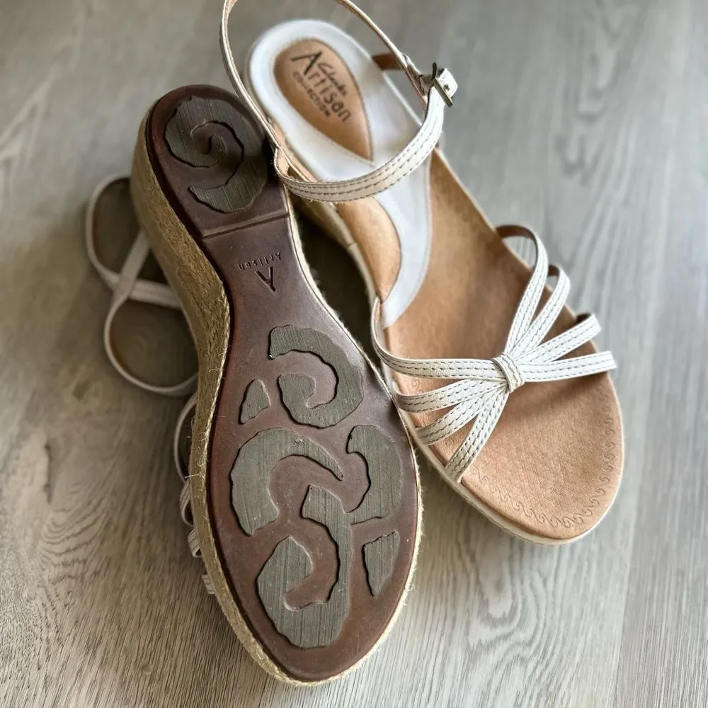 Clarks Artisan White Leather Espadrille Wedge Sandals Ankle Strap Size 10